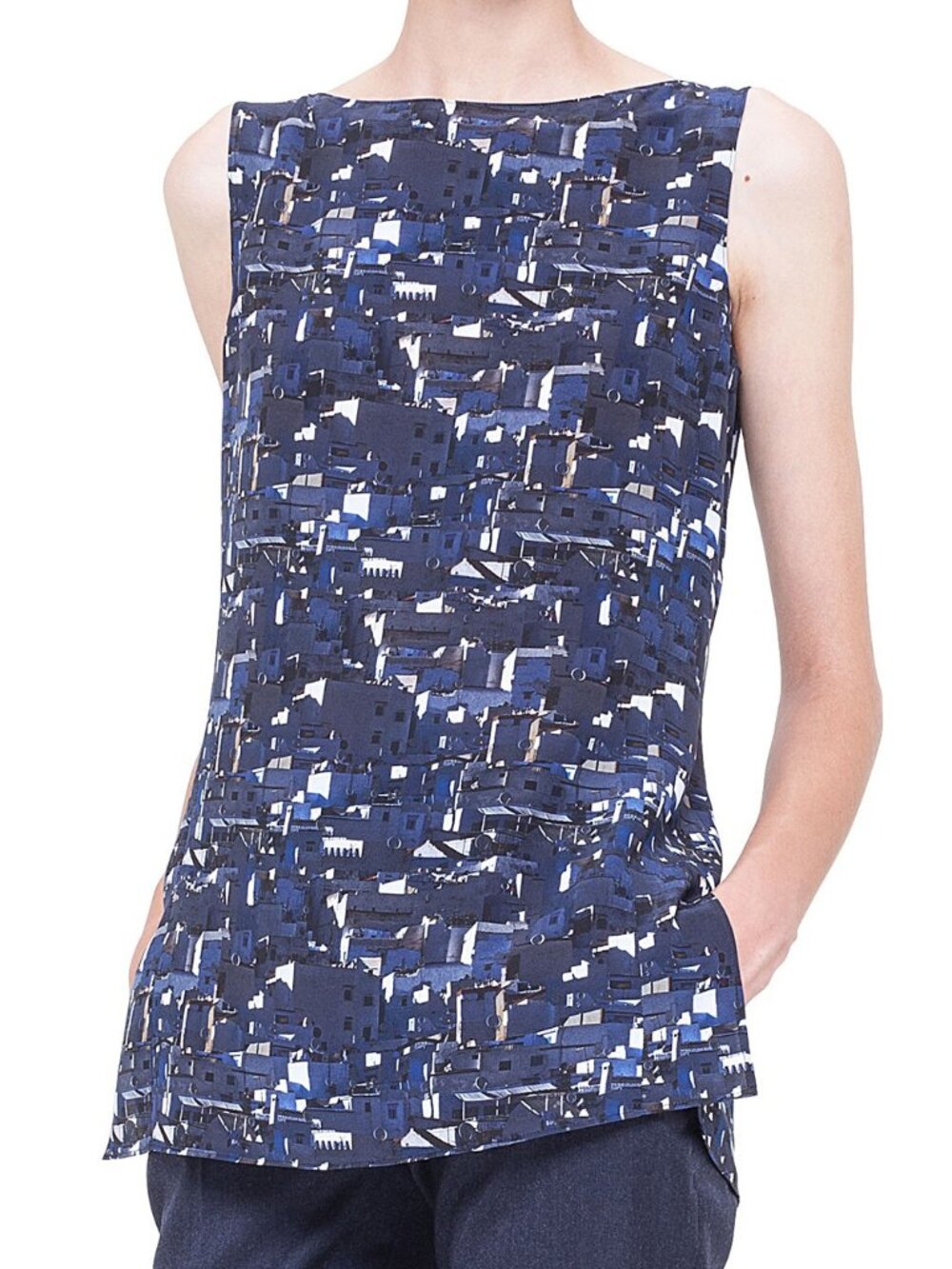 Akris Chefchaouen Print Silk Tank Top Blouse Navy Blue Building City Geo 4